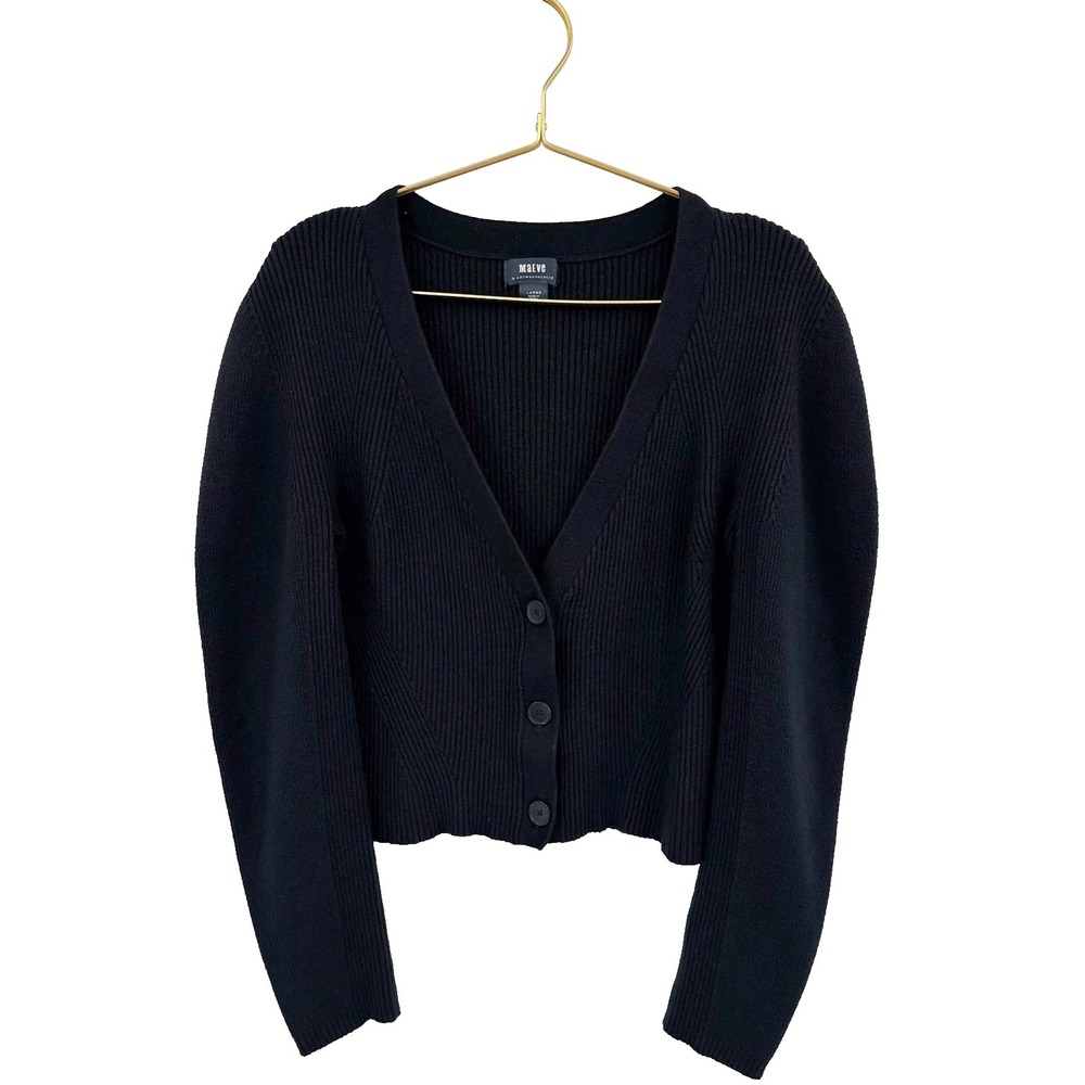 Anthropologie Maeve Cardigan Womens L Black Ribbed Cropped Capsule Soft Girl - Picture 2 of 10